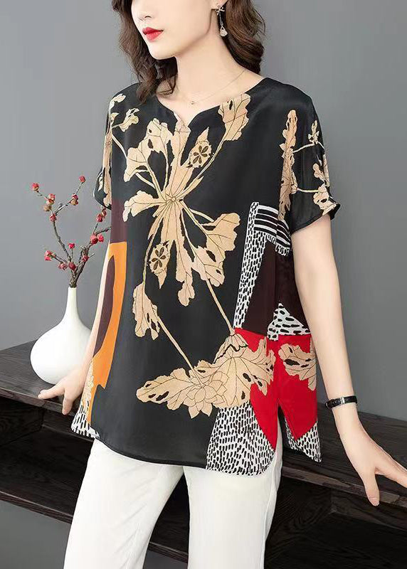 Black Print Side Open Patchwork Silk T Shirt Summer