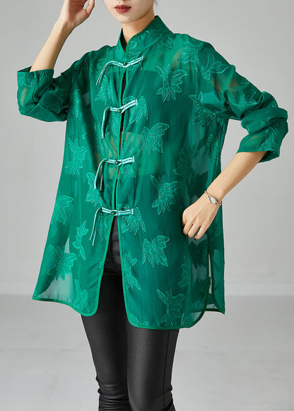 Green Chiffon Upf 50+ Shirts Oversized Chinese Button Fall