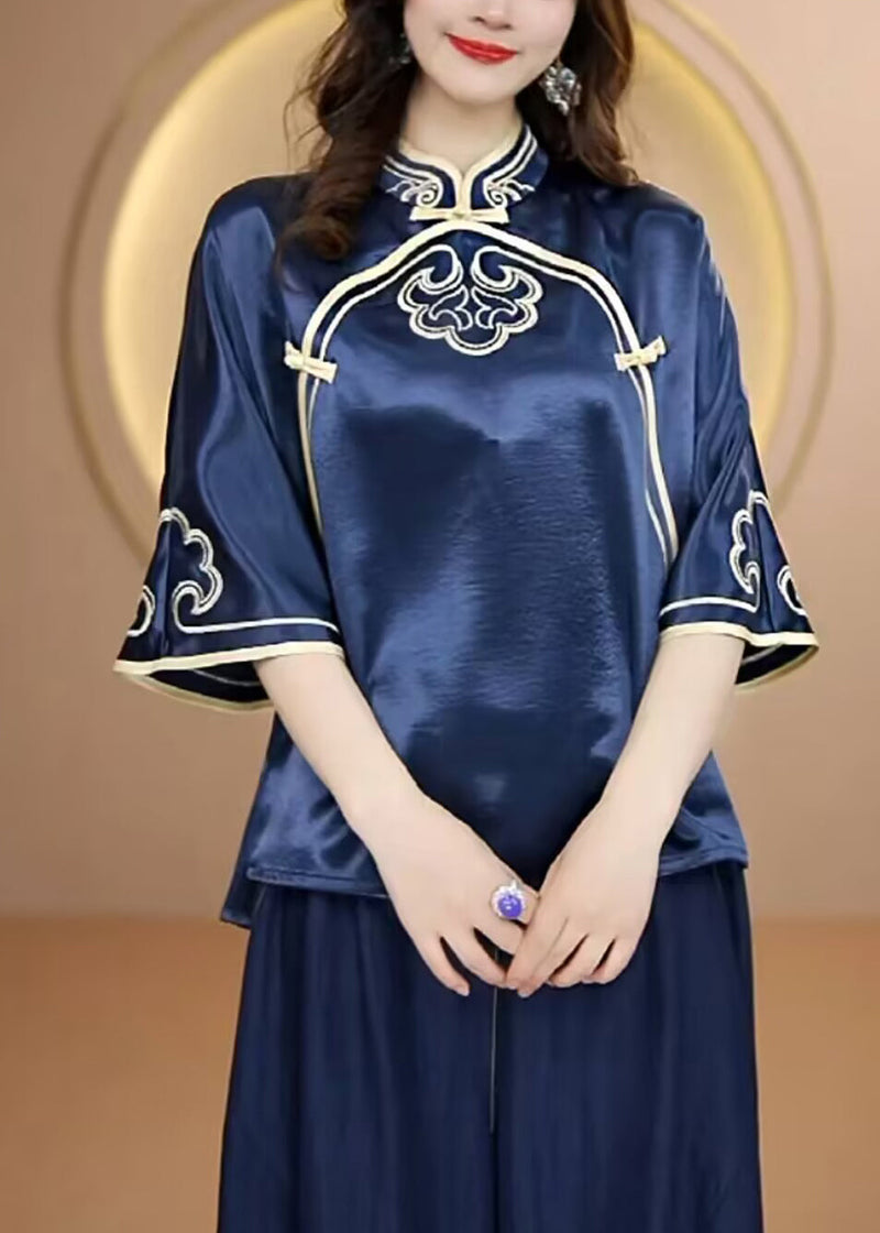 Navy Stand Collar Embroidered Silk Top Flare Sleeve