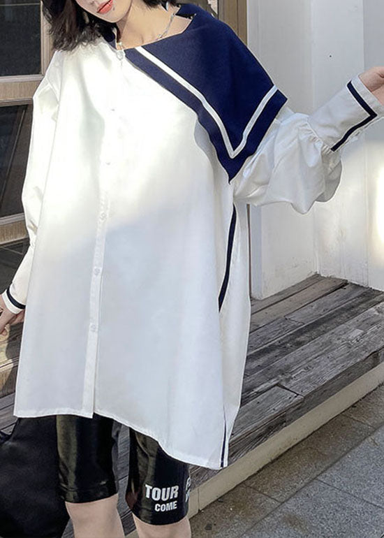 Simple White Button Side Open Sailor Collar Asymmetrical Shirt Spring