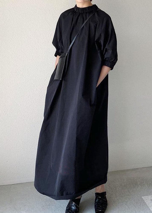 Handmade Black Stand Collar Patchwork Cotton Long Dress Half Sleeve Summer