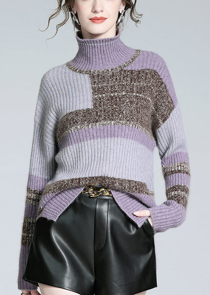 Brown Turtleneck Patchwork Cashmere Knit Sweaters Winter