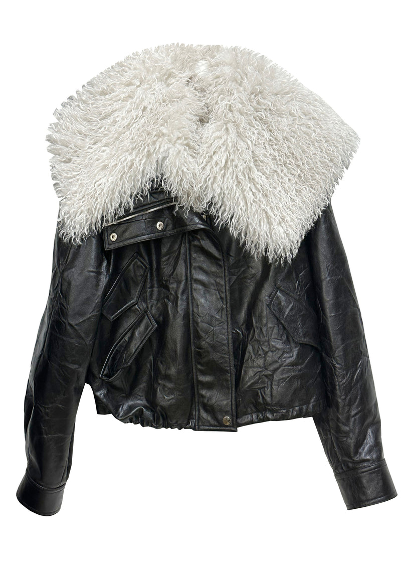 Black Fur Collar Patchwork Detachable Pu Jacket Winter