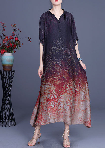 Chocolate V Neck Asymmetrical Design Print Fall Half Sleeve Dress