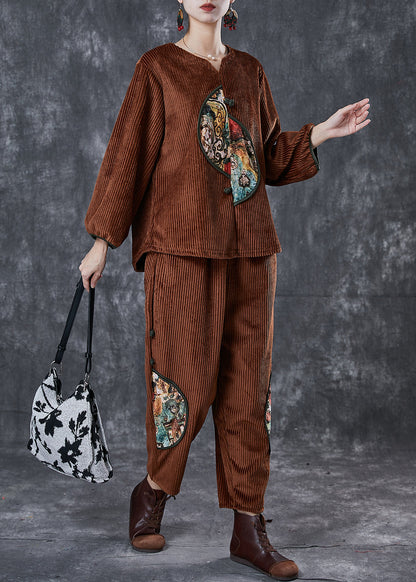 Style Brown Oversized Patchwork Corduroy Two Piece Suit Set Spring