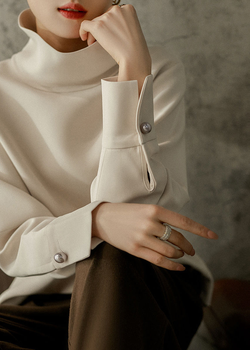 Loose Apricot Colour Turtleneck Button Nail Bead Sweatshirts Long Sleeve Spring
