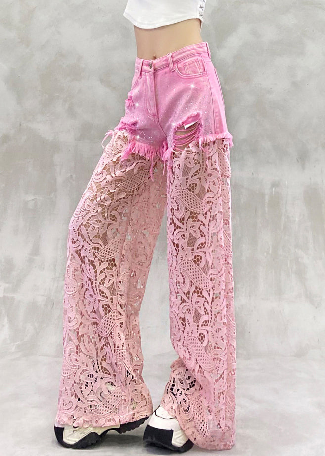 Pink Hollow Out Zircon Lace Patchwork Pants Summer