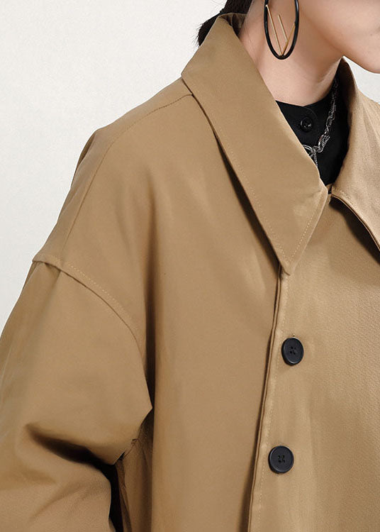 Khaki Peterpan Collar Button Pockets Patchwork Fall Thick Coats Long Sleeve