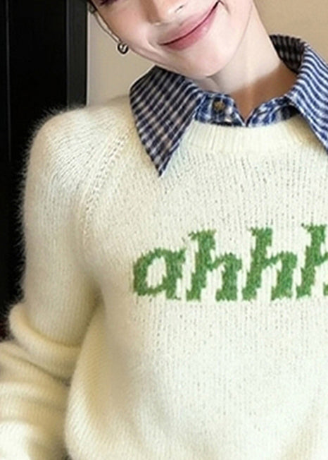 Diy Beige Letter Patchwork Knitted Fake Two Piece Sweater Winter