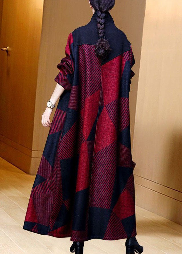 Red Oversized Striped Warm Fleece Wool Coat Outwear Spring