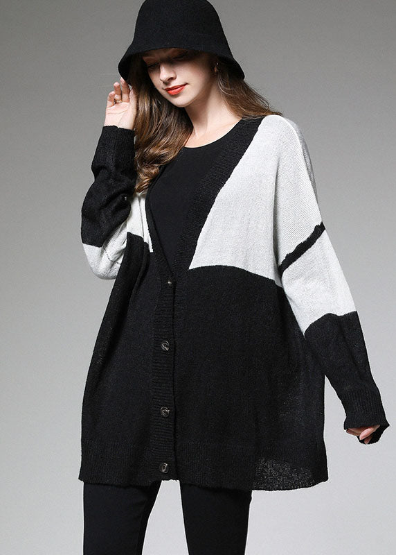 Colorblock Button V Neck Knit Fall Loose Short Cardigans