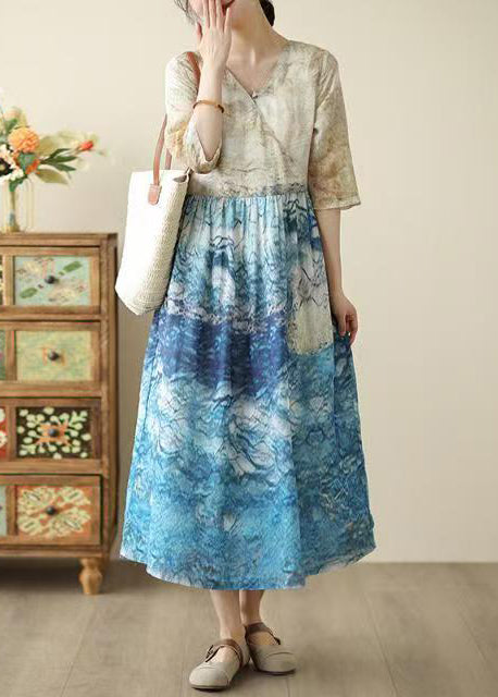 Blue Print Patchwork Tunic Dresses Summer