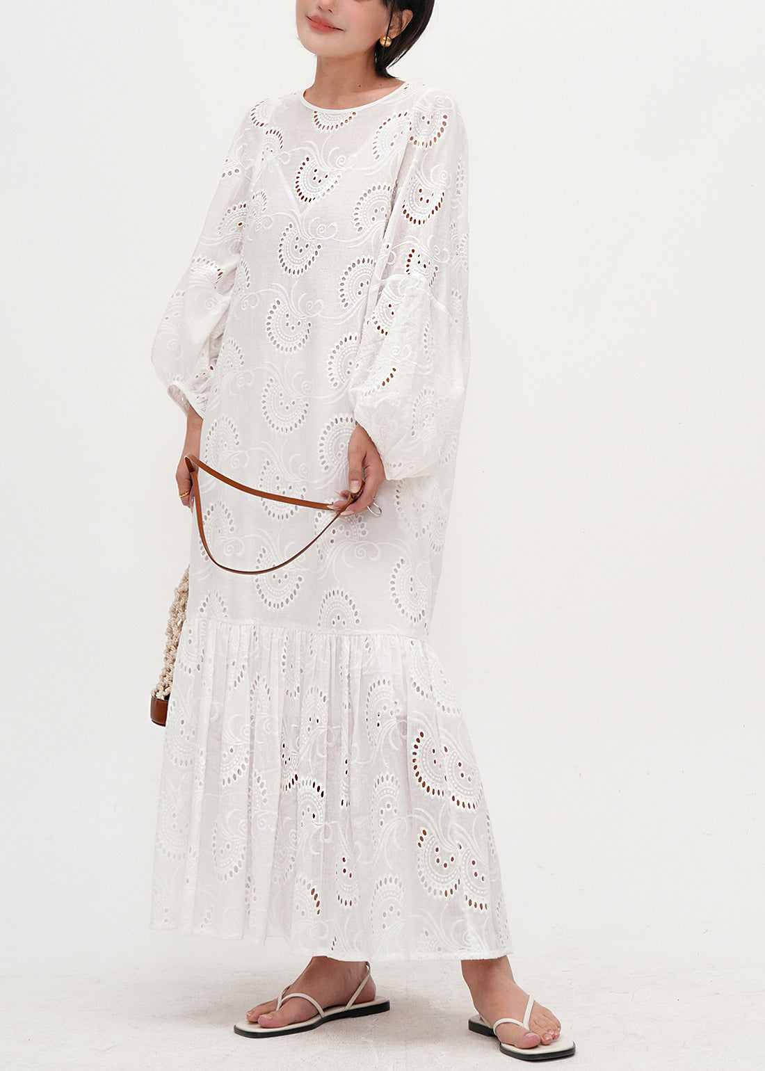 Style White Embroidered Hollow Out Cotton Maxi Dresses Summer