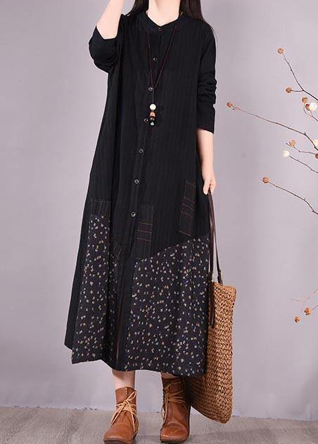 Black Patchwork Print Tunic O Neck Pockets Maxi Spring Dresses