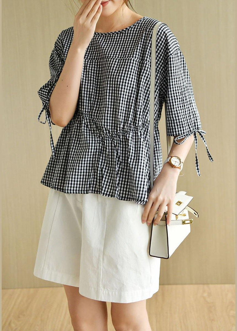 Stylish Black Plaid O-neck Asymmetrical Design Summer Tops Half Sleeve