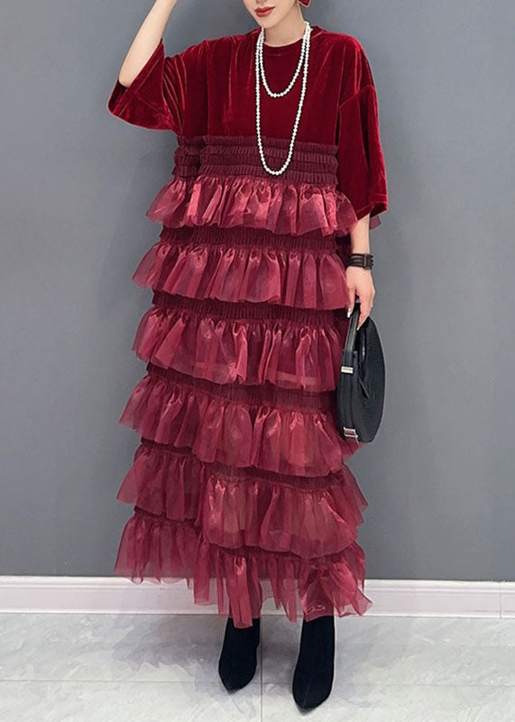 Organic Red O-neck Tulle Patchwork Silk Velour Maxi Dress Bracelet Sleeve