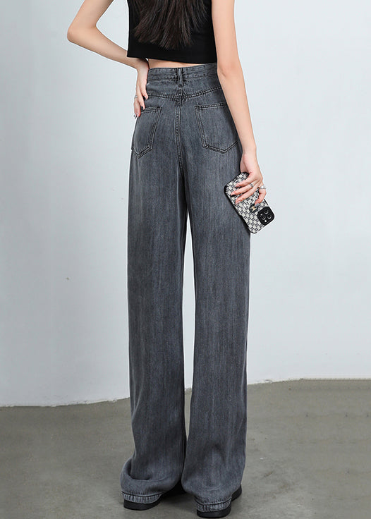 Grey Button High Waist Denim Pants Spring