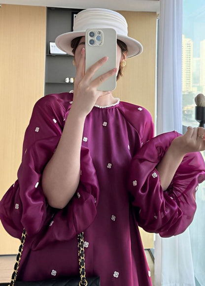 Purple O-neck Ruffled Patchwork Long Dresses Puff Sleeve