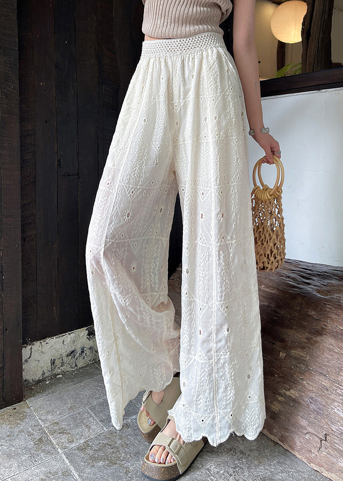 White Embroidered Hollow Out Cotton Pants Summer