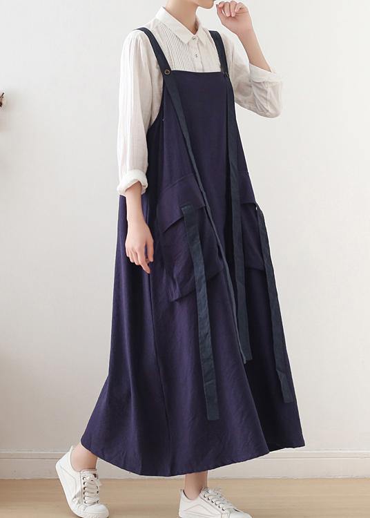 Spring Summer Cotton Skirt Blue Loose Large Sleeveless Dress