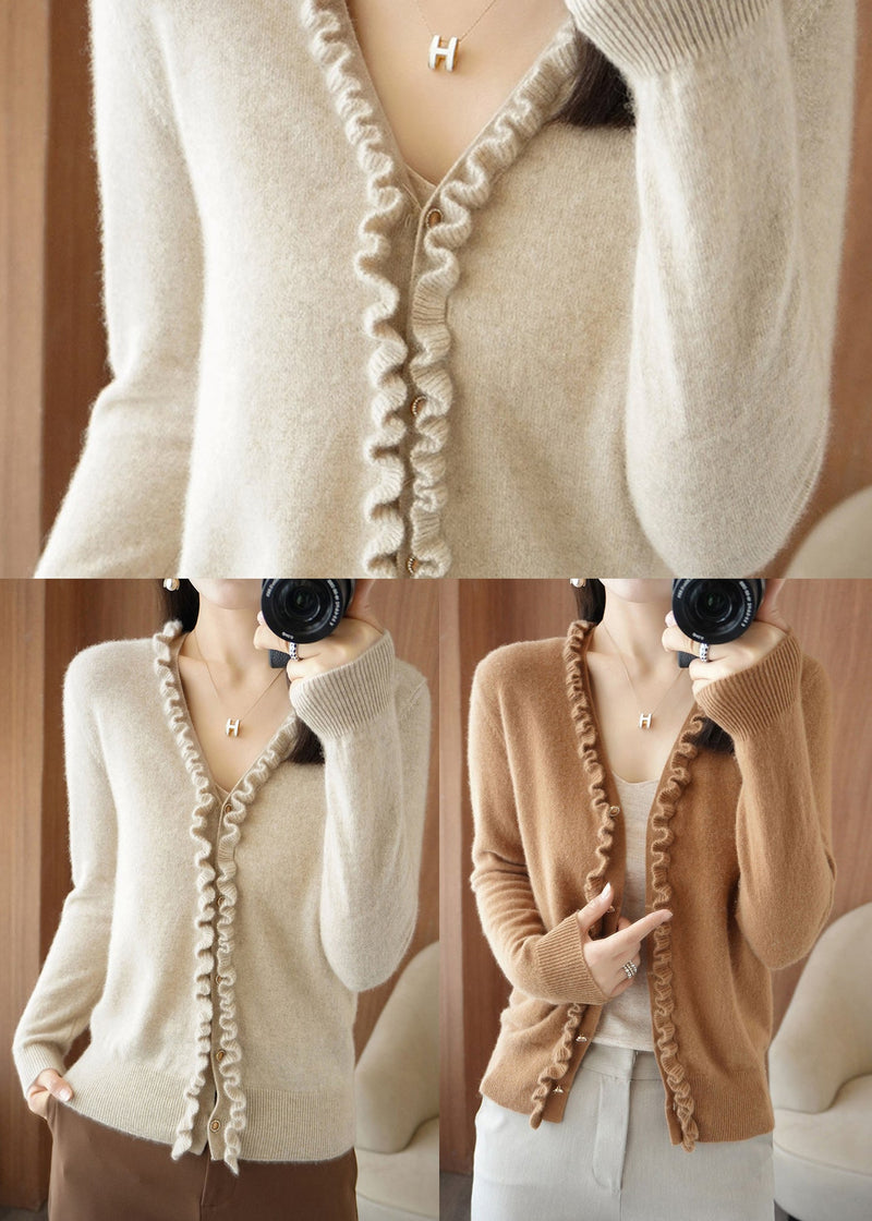 Yellow Camel Colour V Neck Thick Cashmere Knit Cardigans Long Sleeve