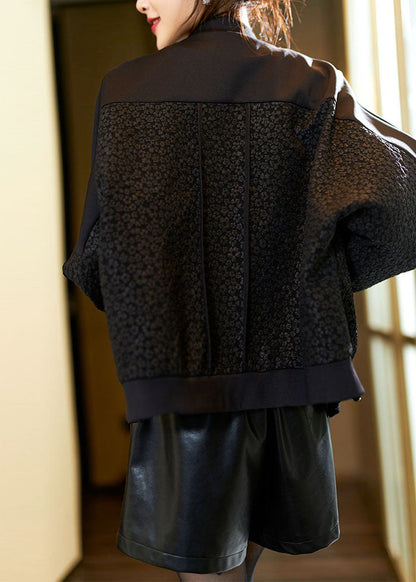 Jacquard Black O-neck Zippered Pockets Coats Fall