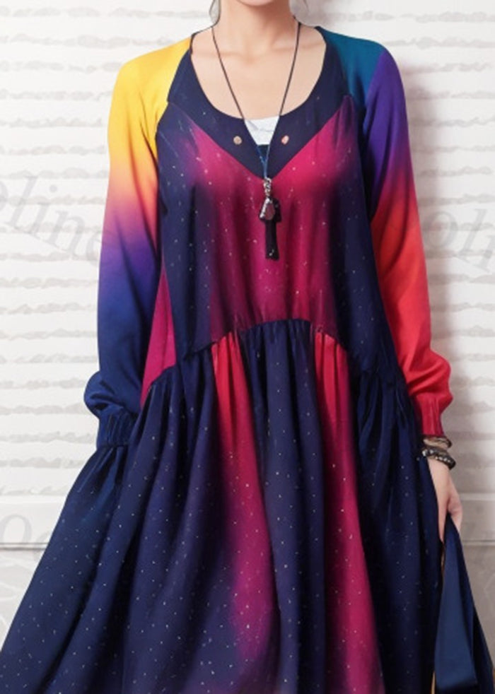 French Gradient Color Exra Large Hem Silk Vacation Dress Fall