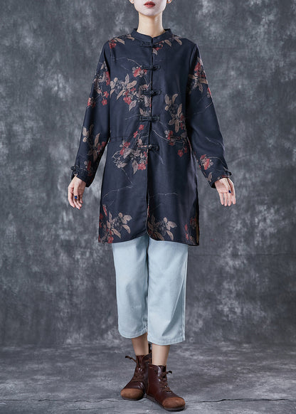 Black Tie Dye Chinese Button Linen Blouses Fall
