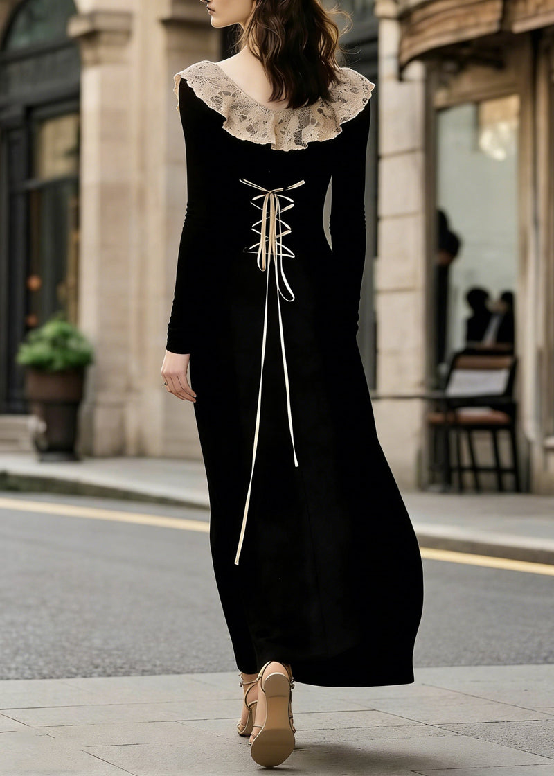 French Black Lace Patchwork Wear on Both Sides Cotton Maxi Dress Lace Up Spring