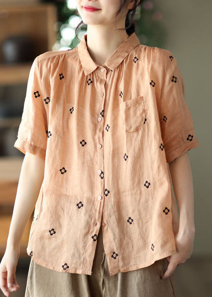 Orange Peter Pan Collar Linen Shirt Top Short Sleeve