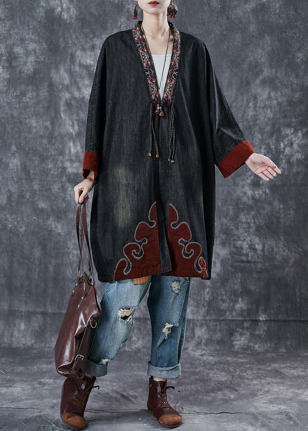 Black Embroidered Patchwork Denim Coats Spring