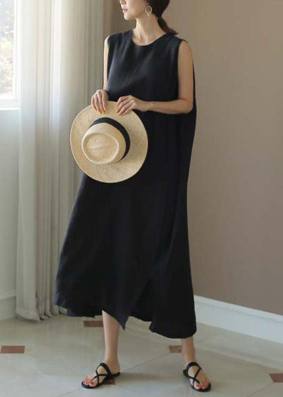 French Black O-neck Low High Design Linen Party Dress Sleeveless