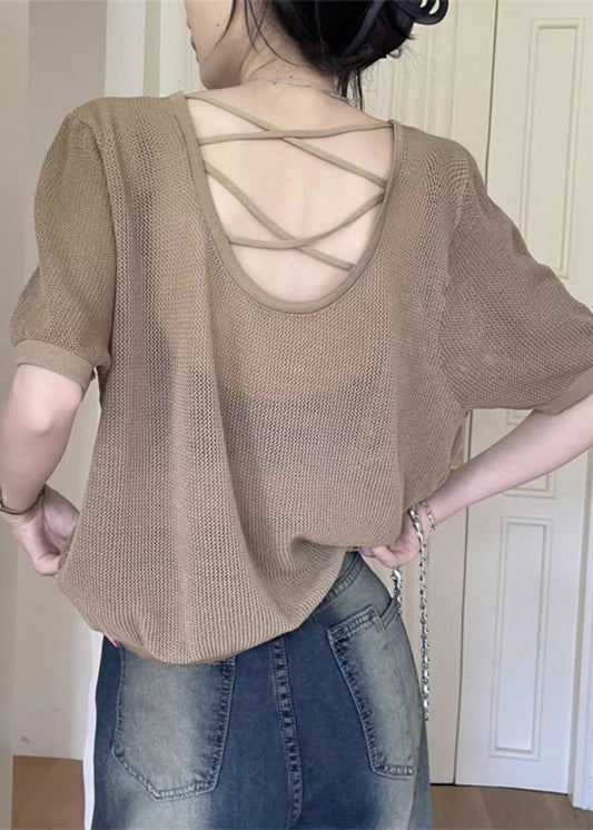 Khaki O Neck Hollow Out Knit T Shirt Summer