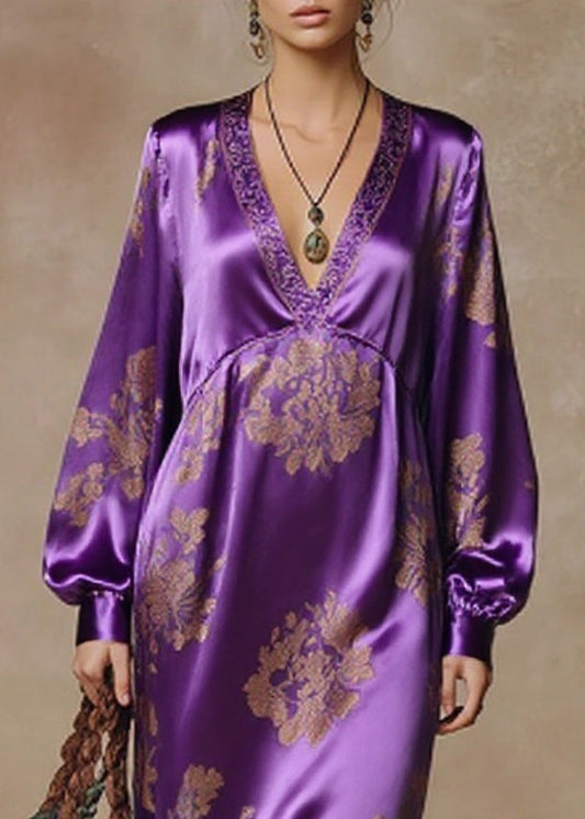 Purple Tasseled Print High Waist Silk Dresses Spring