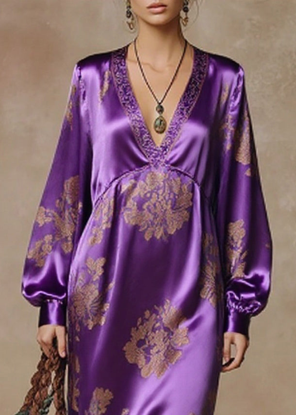 Purple Tasseled Print High Waist Silk Dresses Spring