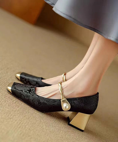 Chinese Retro Gold Chunky Heel Print Buckle Strap Loafers