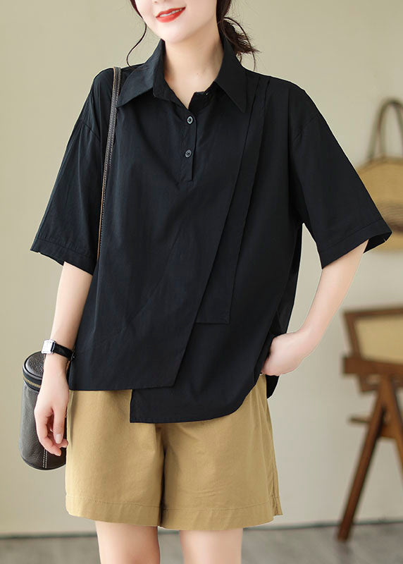 Green Peter Pan Collar Asymmetrical Cotton Shirt Top Summer