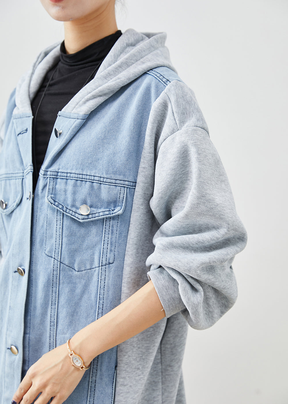 Blue Hooded Denim Patchwork Cotton Trench Fall