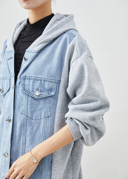 Blue Hooded Denim Patchwork Cotton Trench Fall