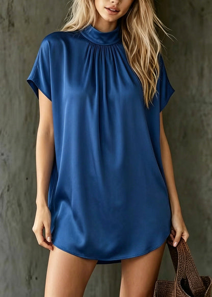 Royal Blue Stand Collar Silk Top Summer