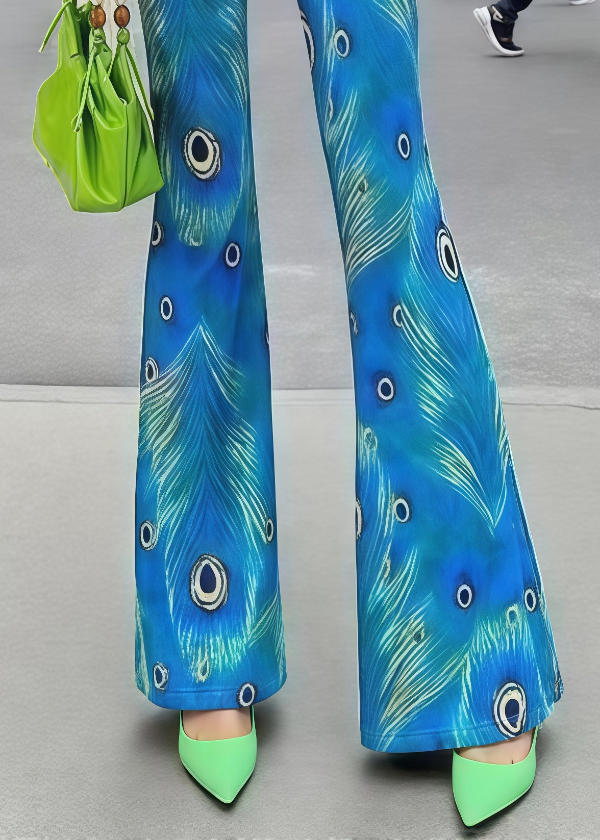 Peacock Blue Print Butt Scrunch Flared Trousers Fall