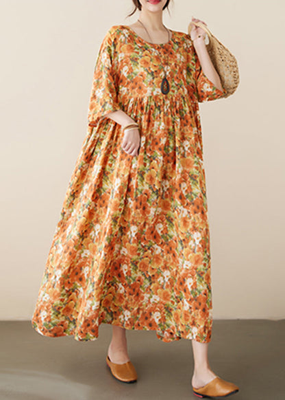 Orange O-neck Print Cozy Robe Dresses Summer
