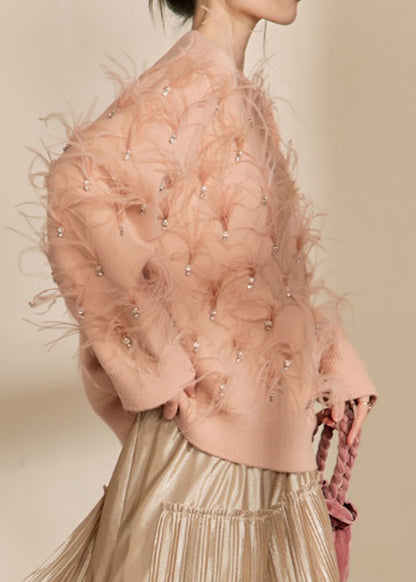 Organic Skin Pink O-neck Zircon Feather Cotton Knit Sweater Winter