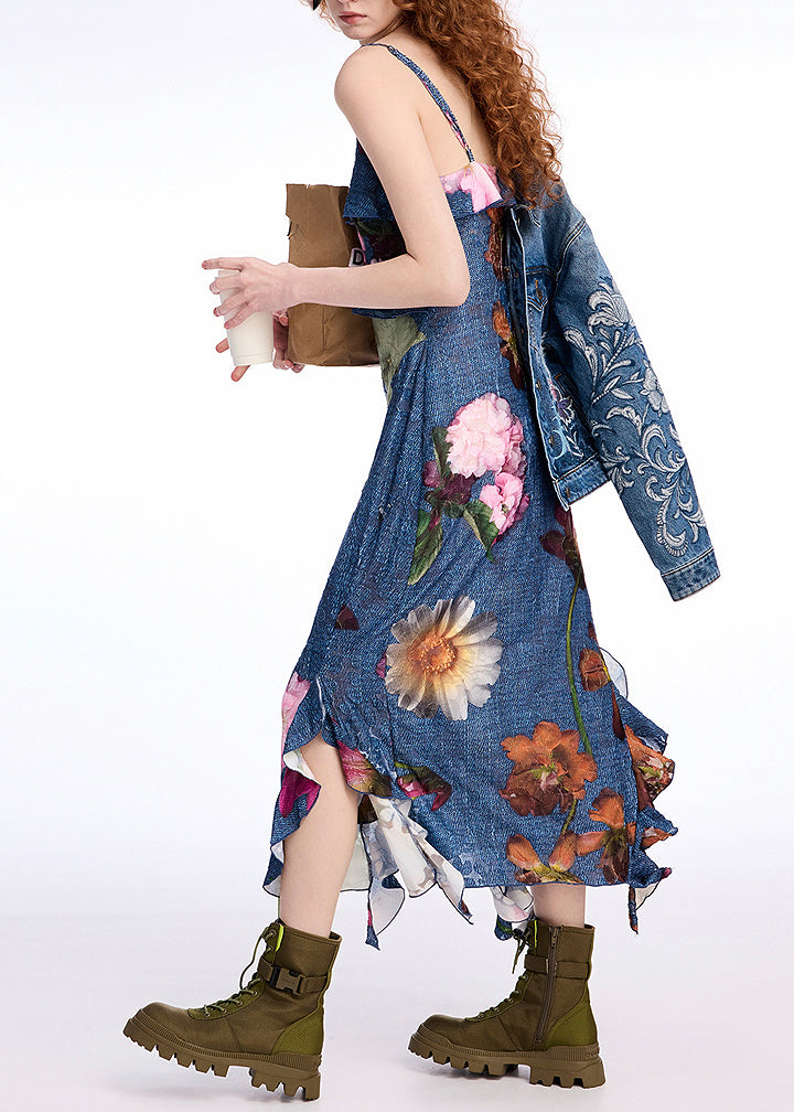 New Blue Ruffled Print Cotton Spaghetti Strap Dress Summer