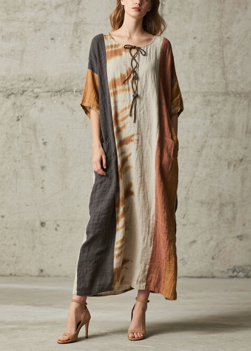 Retro Brown Oversized Patchwork Cotton Holiday Dress Summer