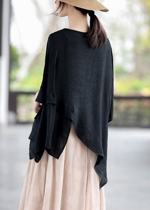 Loose Apricot O-neck Asymmetrical Cotton Tops Batwing Sleeve