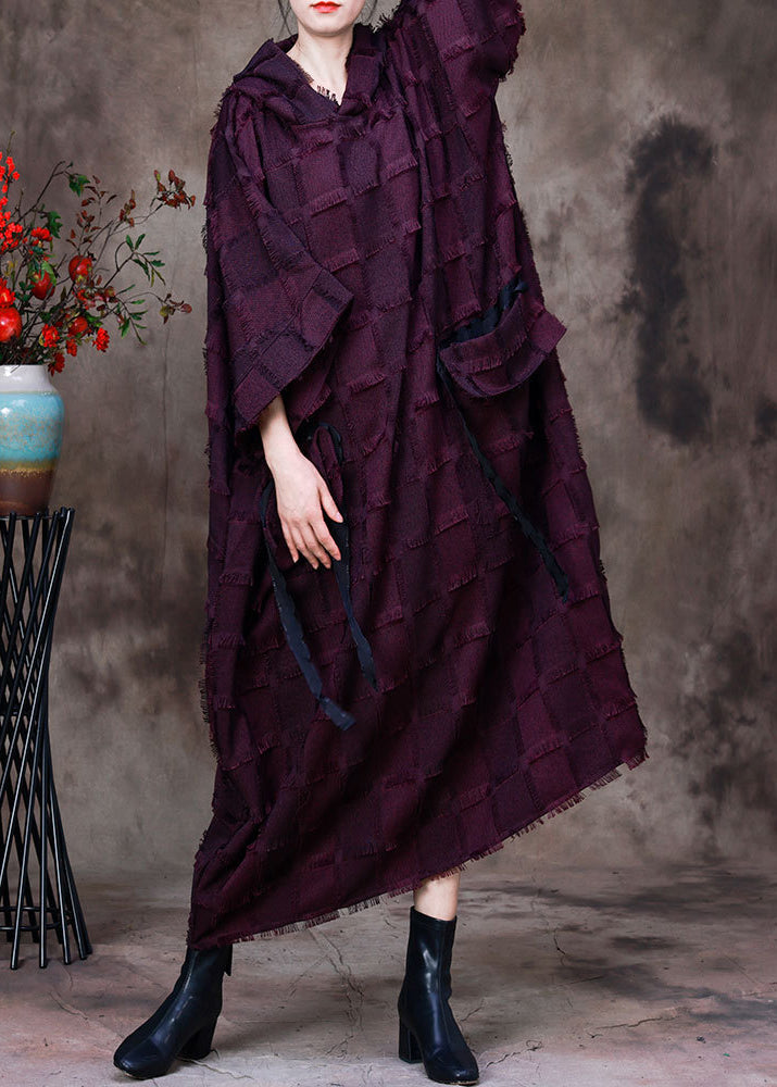 Purple Striped Silk Cotton Hooded Dresses Long Sleeve