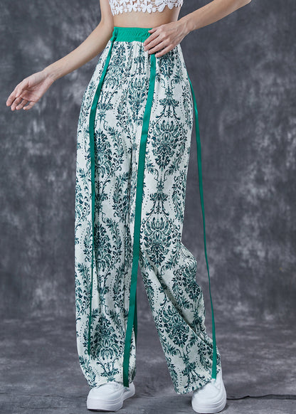 Green Print Ribbon Cotton Straight Pants Fall