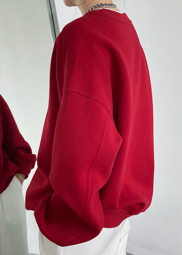 Loose Red O Neck Warm Fleece Sweatshirt Fall