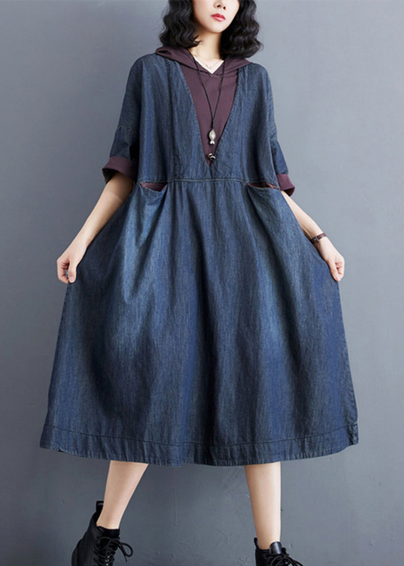 Blue Hooded Patchwork Thin Denim Dress Summer